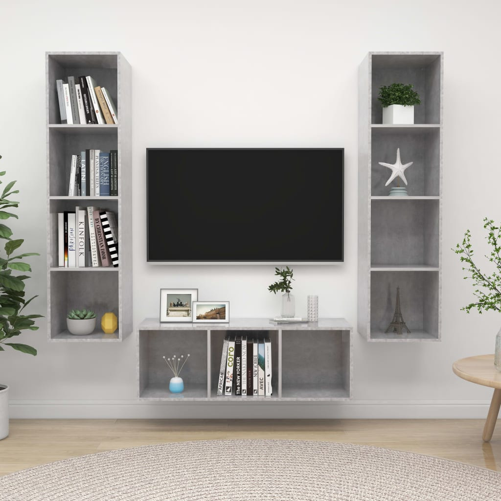 vidaXL 3-tlg. TV-Schrank-Set Betongrau Holzwerkstoff