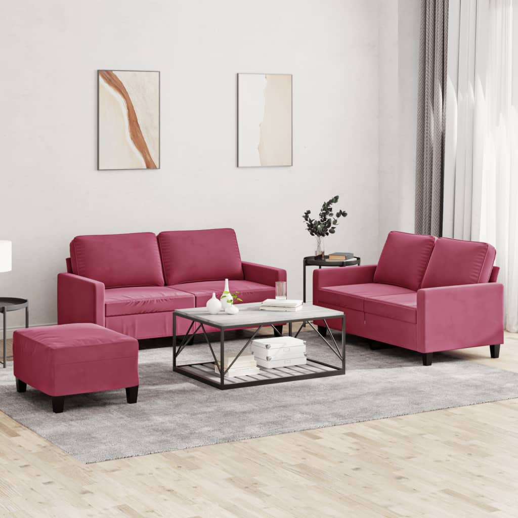 vidaXL 3-tlg. Sofagarnitur mit Kissen Weinrot Samt