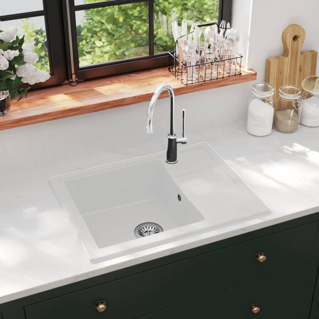 vidaXL Küchenspüle mit Überlauf Oval Weiß Granit