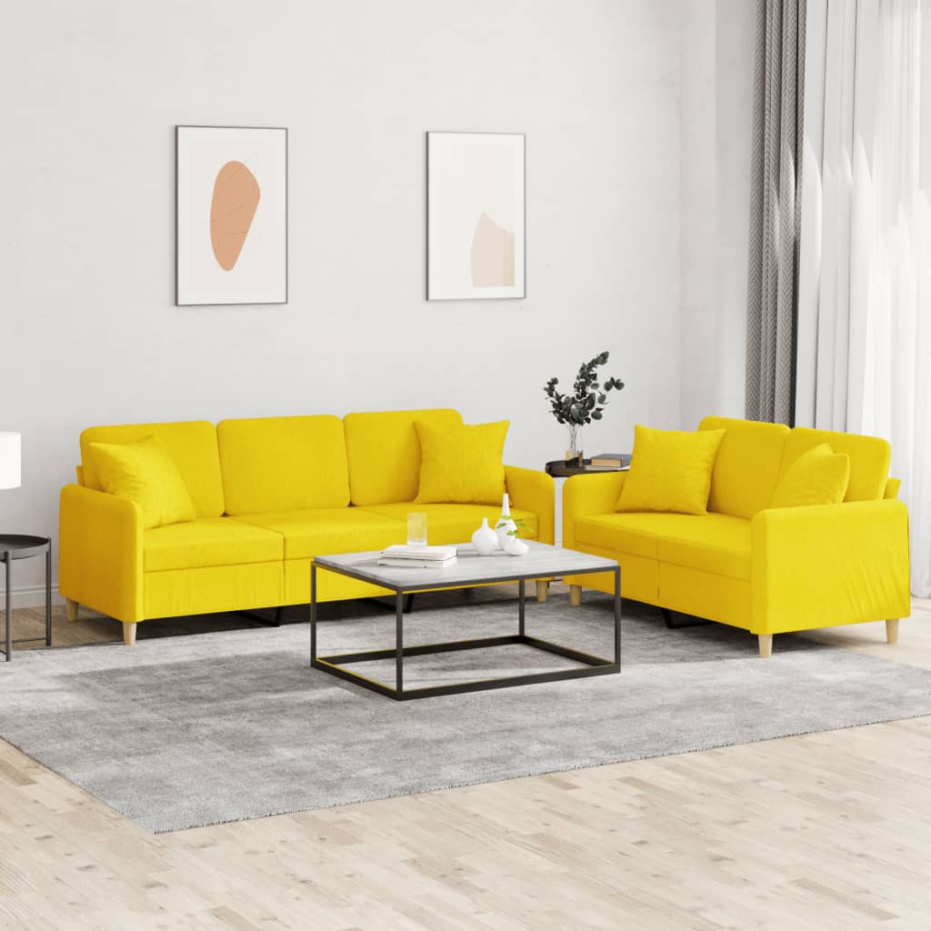vidaXL 2-tlg. Sofagarnitur mit Kissen Hellgelb Stoff