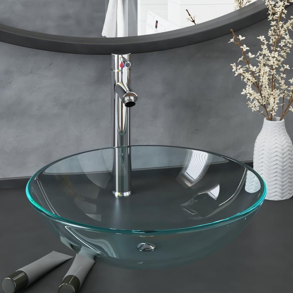 vidaXL Waschbecken mit Wasserhahn und Ablaufgarnitur aus gehärtetem