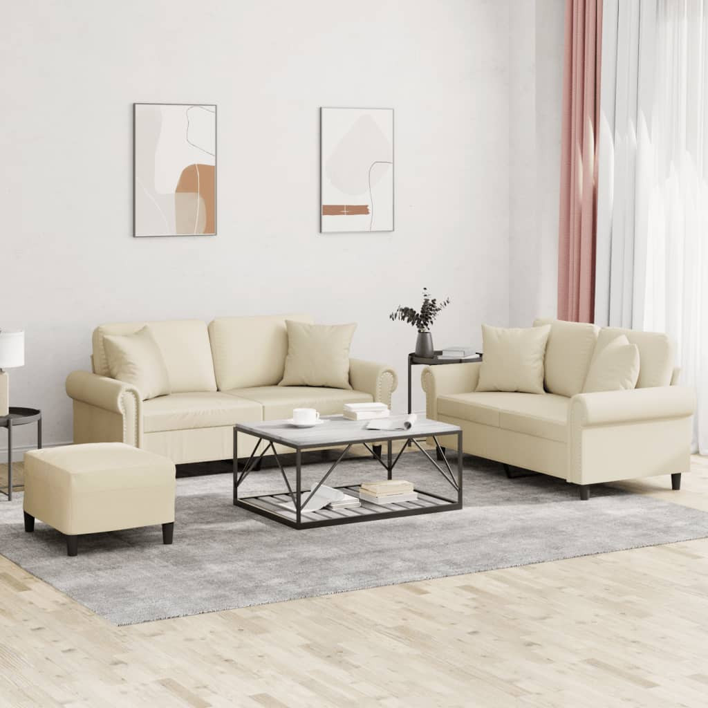 vidaXL 3-tlg. Sofagarnitur mit Kissen Creme Kunstleder