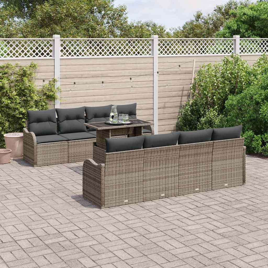 vidaXL Gartensofa-set mit Kissen mit Speicher 9 pcs Grau Poly Rattan