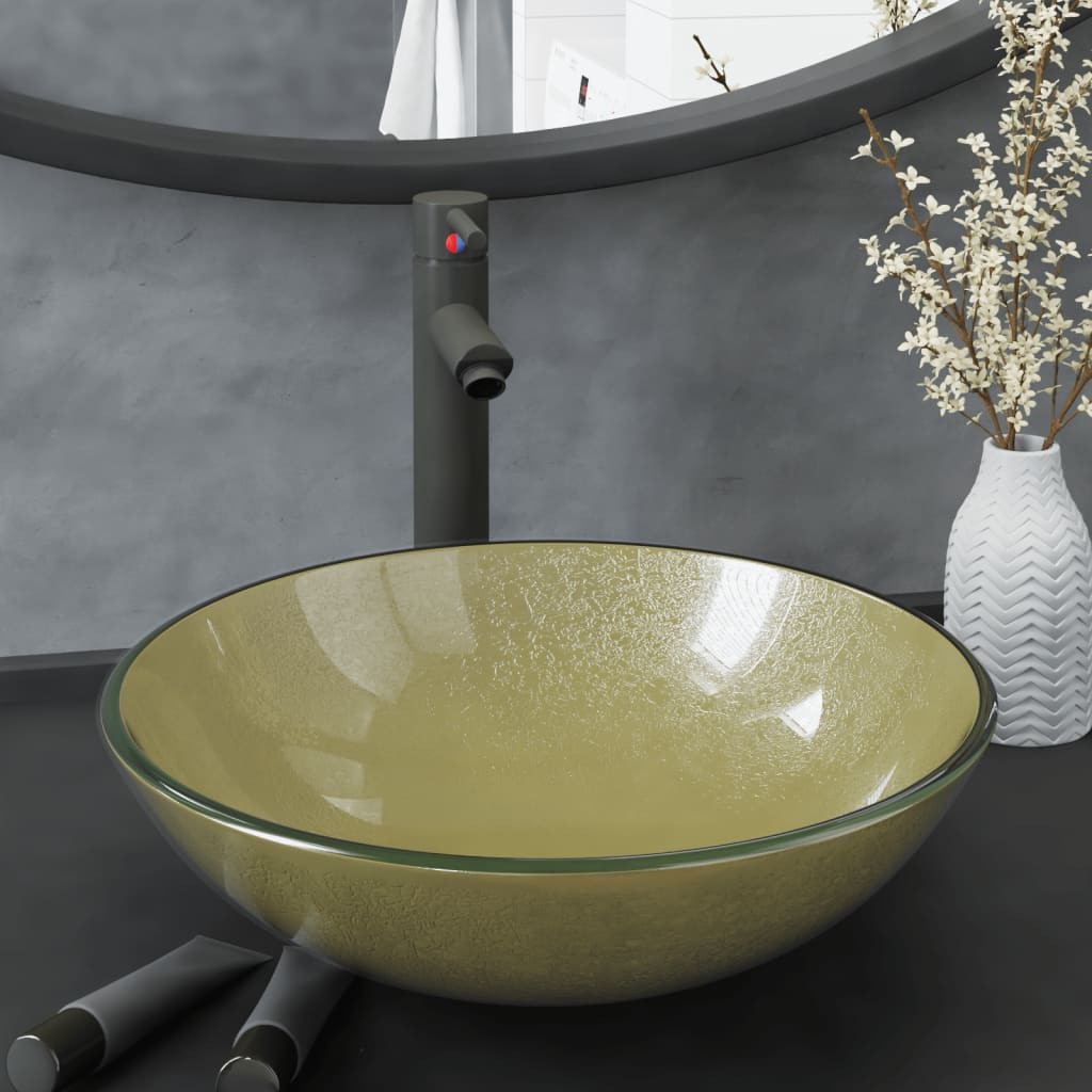 vidaXL Badezimmer Waschbecken mit Wasserhahn und Ablaufgarnitur Gold