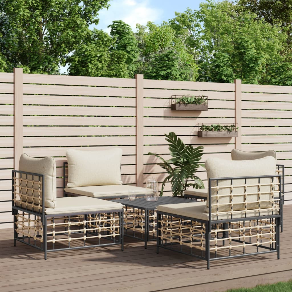 vidaXL 5-tlg. Garten-Lounge-Set mit Kissen Anthrazit Poly Rattan