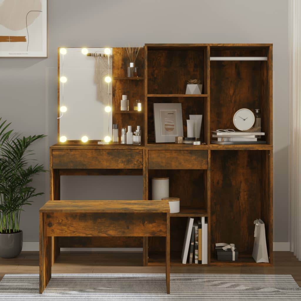 vidaXL Schminktisch-Set mit LED Räuchereiche Holzwerkstoff