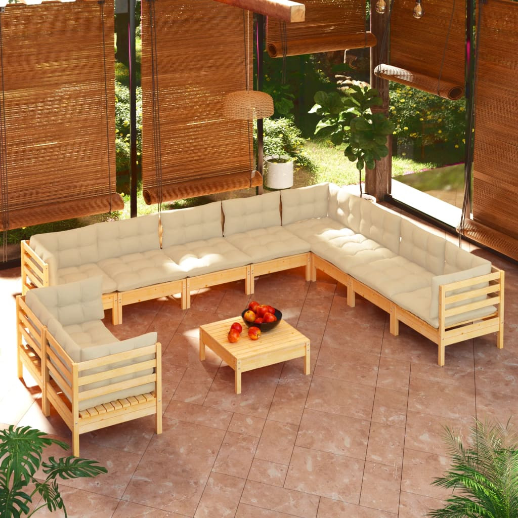 vidaXL 11-tlg. Garten-Lounge-Set mit Creme Kissen Massivholz Kiefer