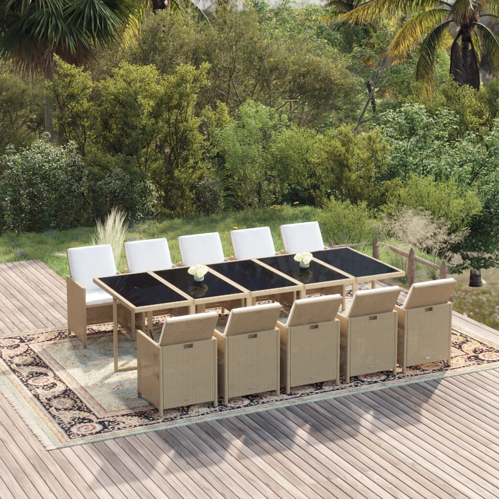 vidaXL 11-tlg. Garten-Essgruppe mit Kissen Poly Rattan Beige