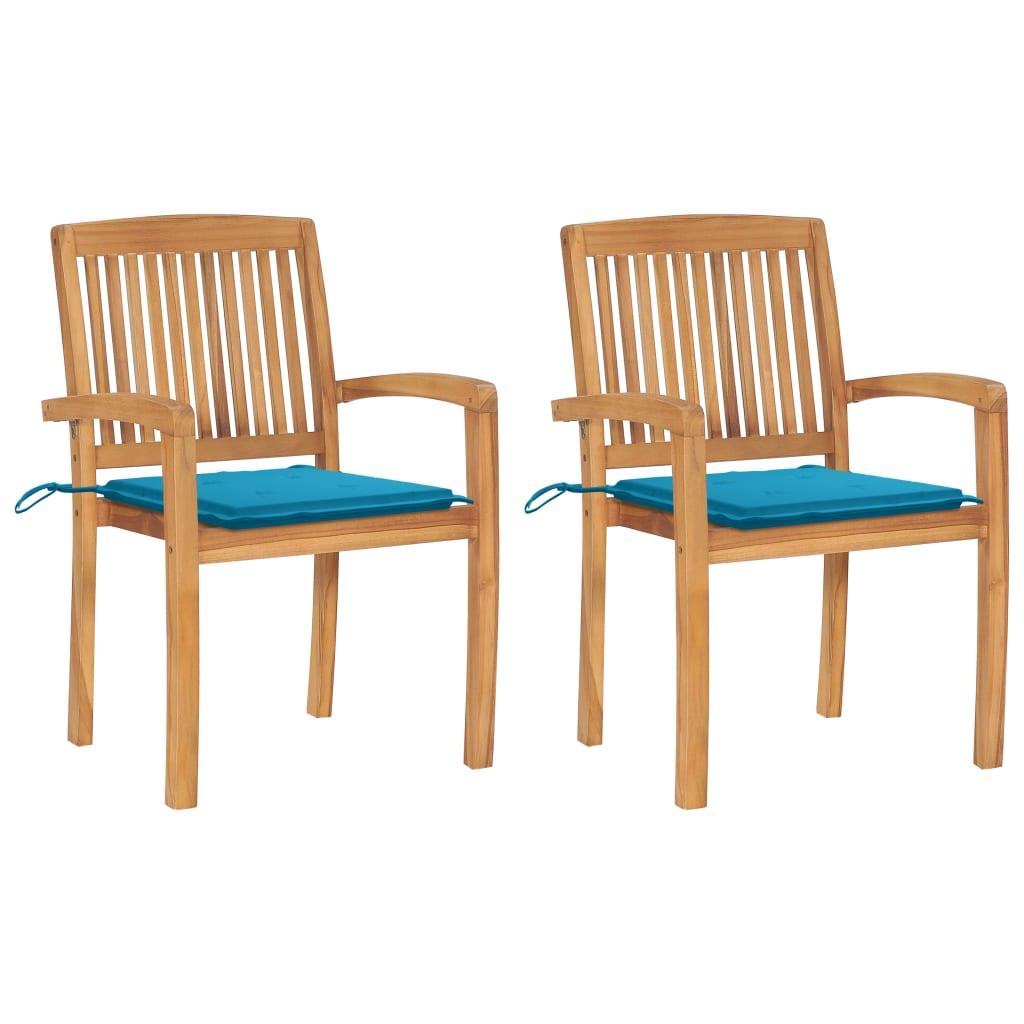 vidaXL Gartenstühle 2 Stk. mit Blauen Kissen Massivholz Teak