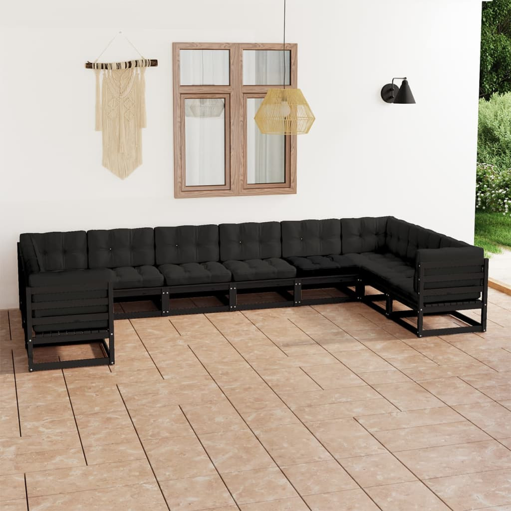 vidaXL 10-tlg. Garten-Lounge-Set mit Kissen Schwarz Massivholz Kiefer