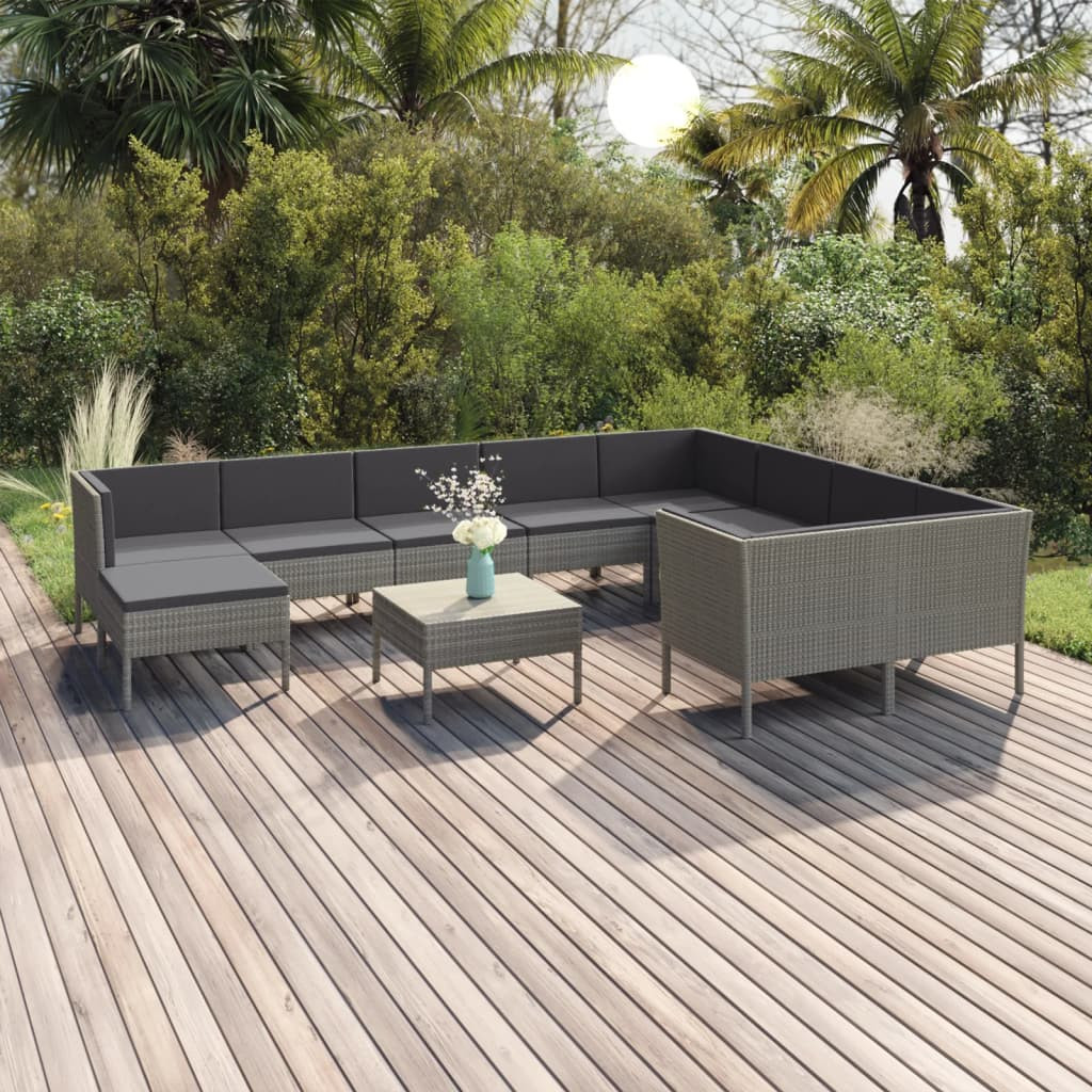vidaXL 11-tlg. Garten-Lounge-Set mit Auflagen Poly Rattan Grau