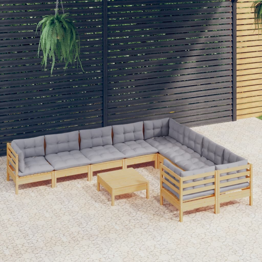 vidaXL 10-tlg. Garten-Lounge-Set mit Grauen Kissen Kiefernholz
