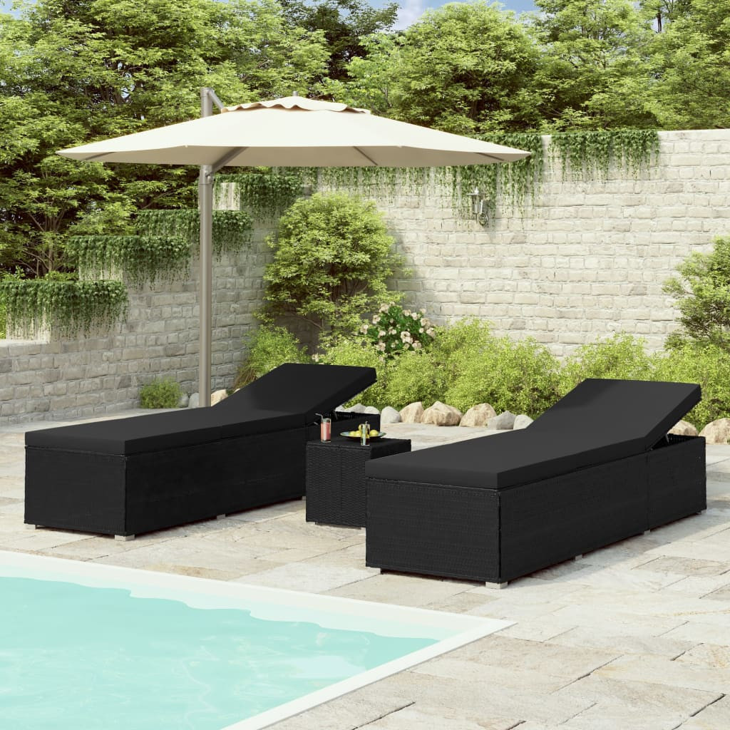 vidaXL 3-tlg. Garten-Sonnenliegen mit Teetisch Poly Rattan Schwarz