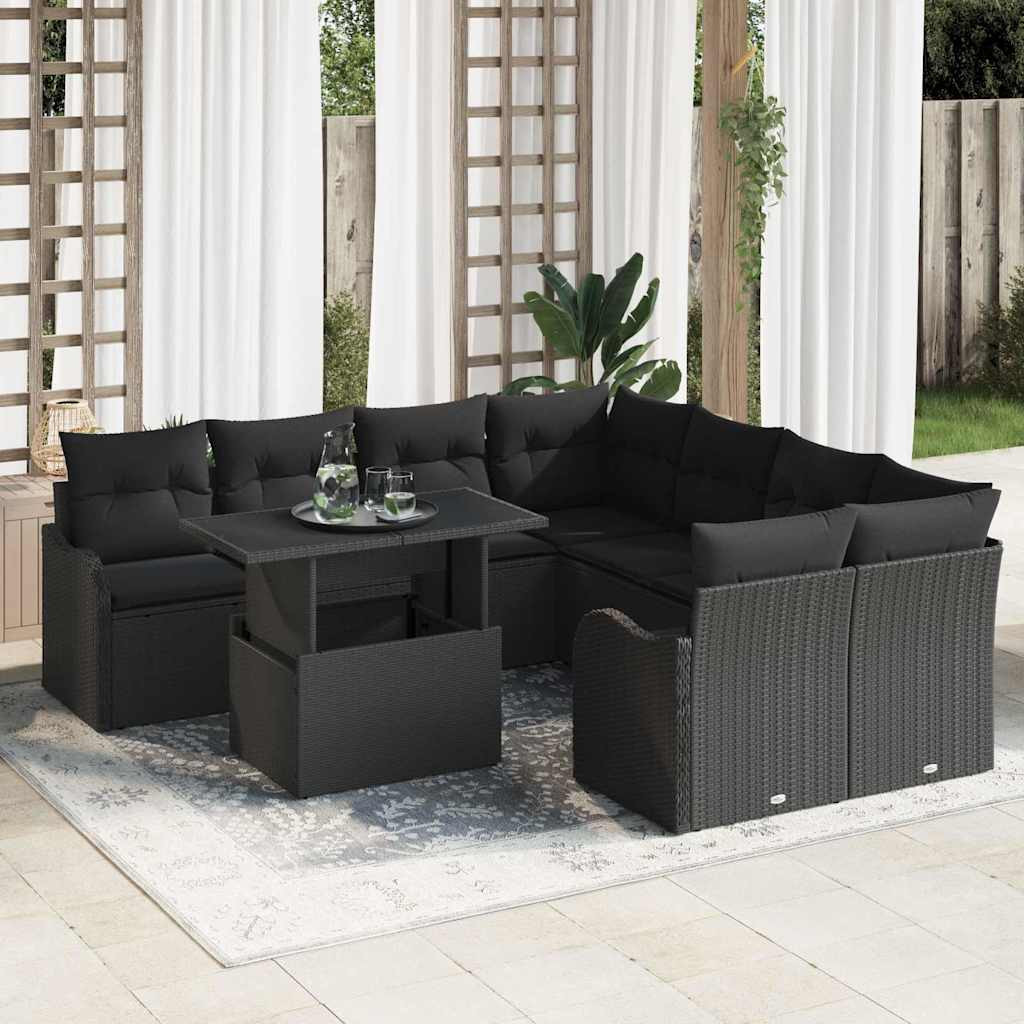 vidaXL Gartensofa-set mit Kissen mit Kissen 9 pcs Schwarz Polyrattan