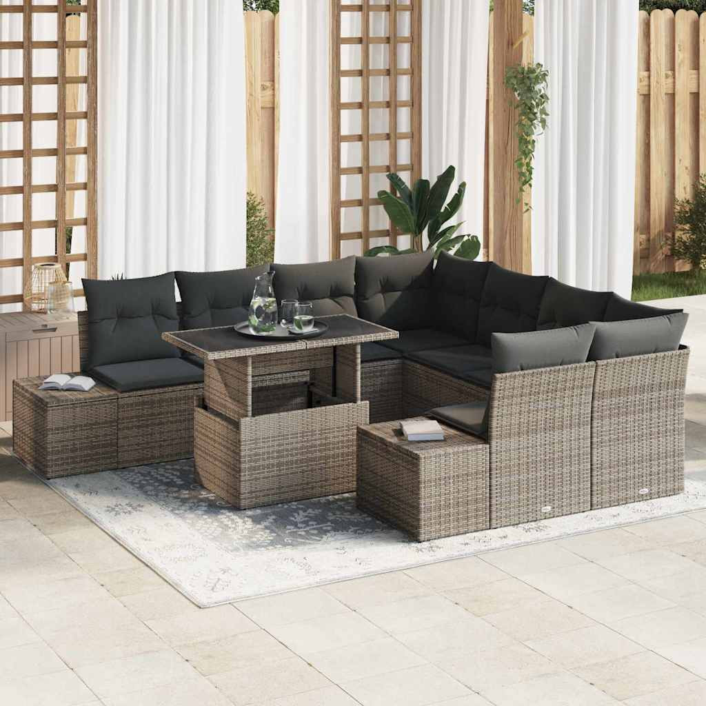 vidaXL Gartensofa-set mit Kissen mit Speicher 9 pcs Grau Poly-Rattan