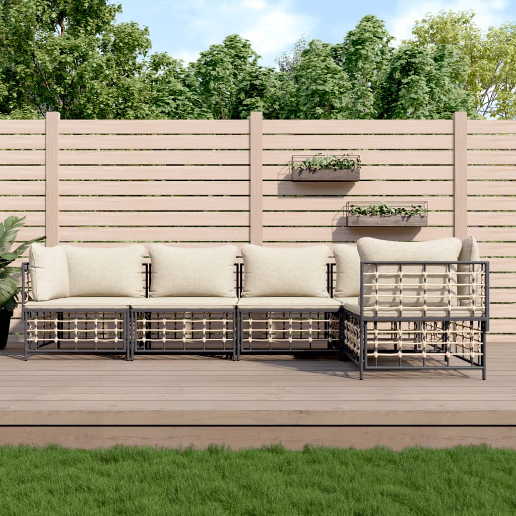 vidaXL 5-tlg. Garten-Lounge-Set mit Kissen Anthrazit Poly Rattan