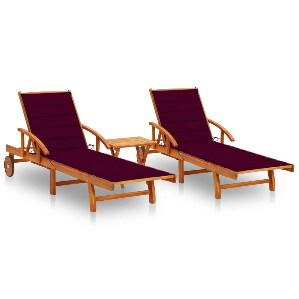 vidaXL Sonnenliegen 2 Stk. mit Tisch und Auflagen Massivholz Akazie