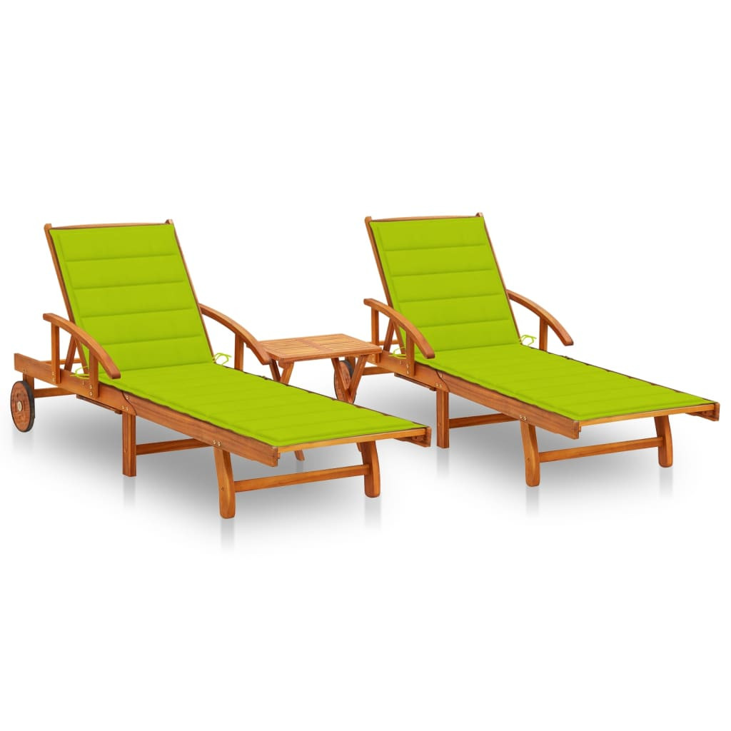 vidaXL Sonnenliegen 2 Stk. mit Tisch und Auflagen Massivholz Akazie