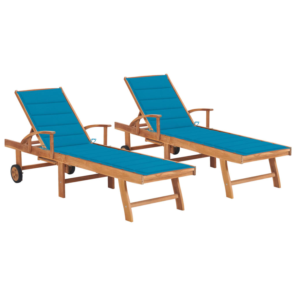 vidaXL Sonnenliegen 2 Stk. mit Auflagen Blau Massivholz Teak