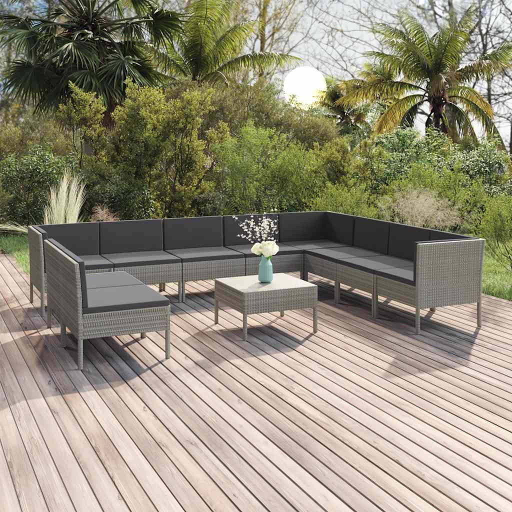 vidaXL 11-tlg. Garten-Lounge-Set mit Auflagen Poly Rattan Grau