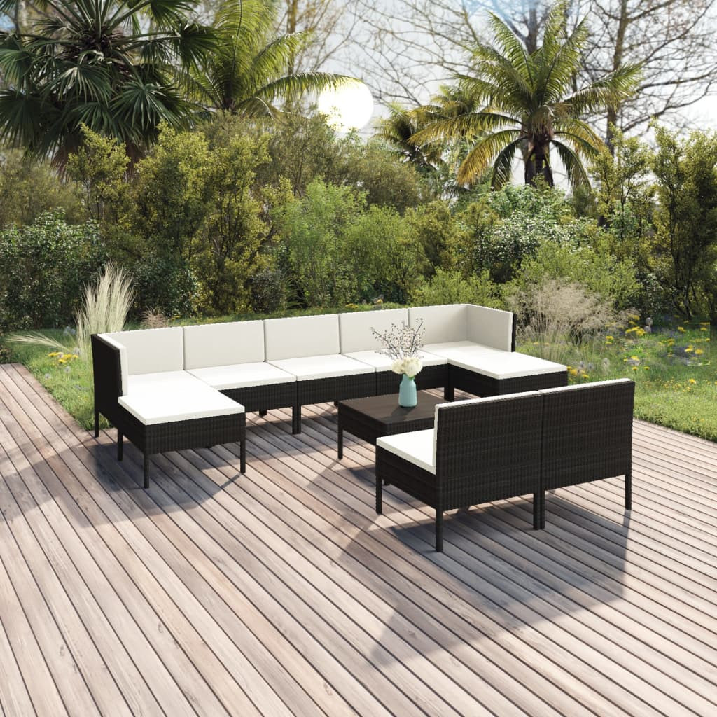 vidaXL 10-tlg. Garten-Lounge-Set mit Auflagen Poly Rattan Schwarz