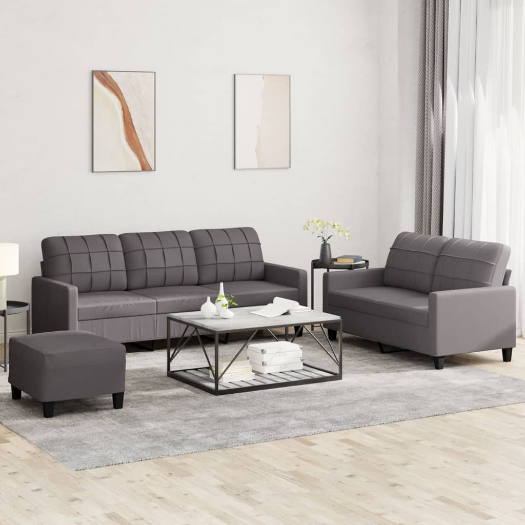 vidaXL 3-tlg. Sofagarnitur mit Kissen Grau Kunstleder