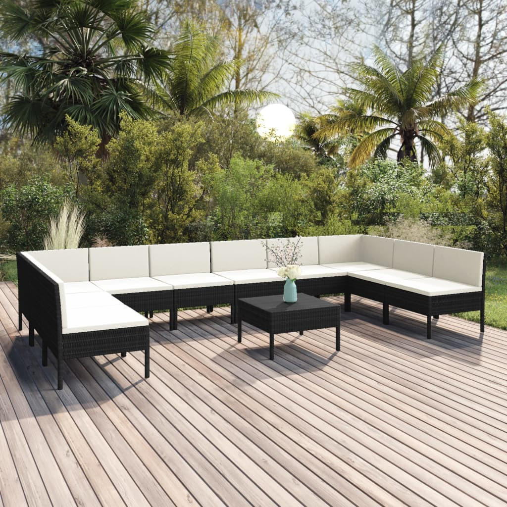 vidaXL 11-tlg. Garten-Lounge-Set mit Auflagen Poly Rattan Schwarz