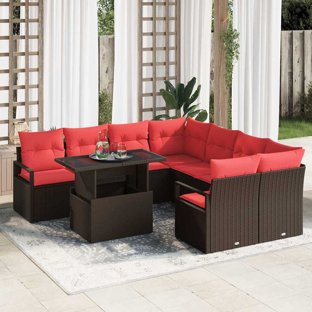 vidaXL Gartensofa-set mit Kissen mit Speicher 9 pcs Braun Poly Rattan