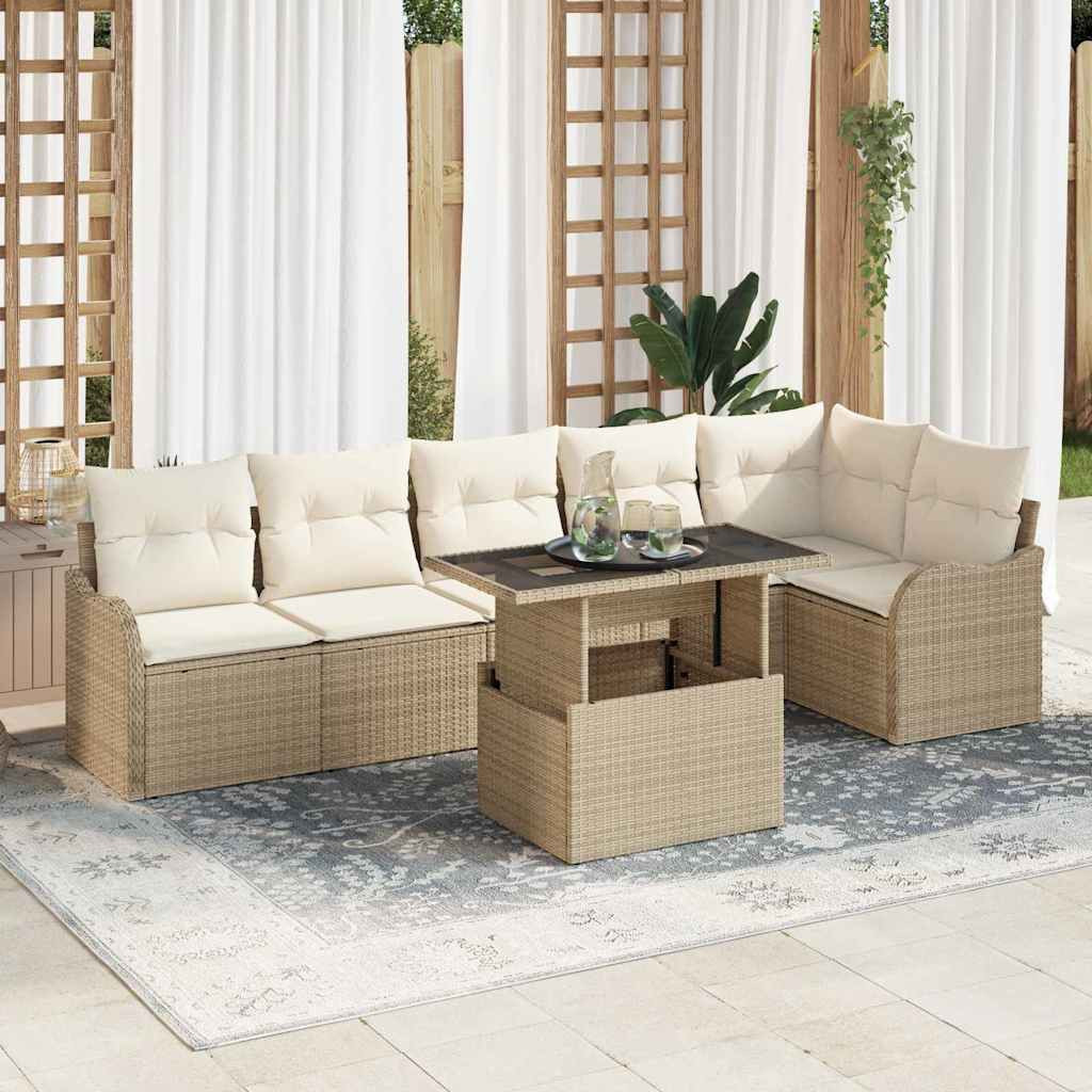 vidaXL Gartensofa-set mit Kissen mit Kissen 7 pcs Beige Poly Rattan