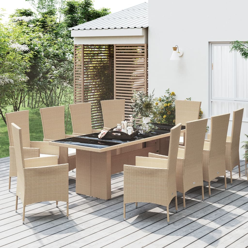 vidaXL 11-tlg. Garten-Essgruppe mit Kissen Beige Poly Rattan