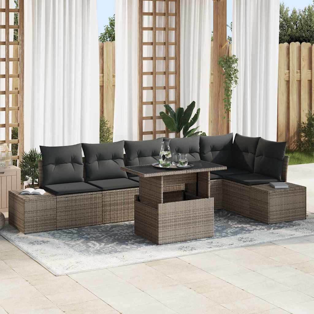 vidaXL Gartensofa-set mit Kissen mit Speicher 7 pcs Grau Poly-Rattan