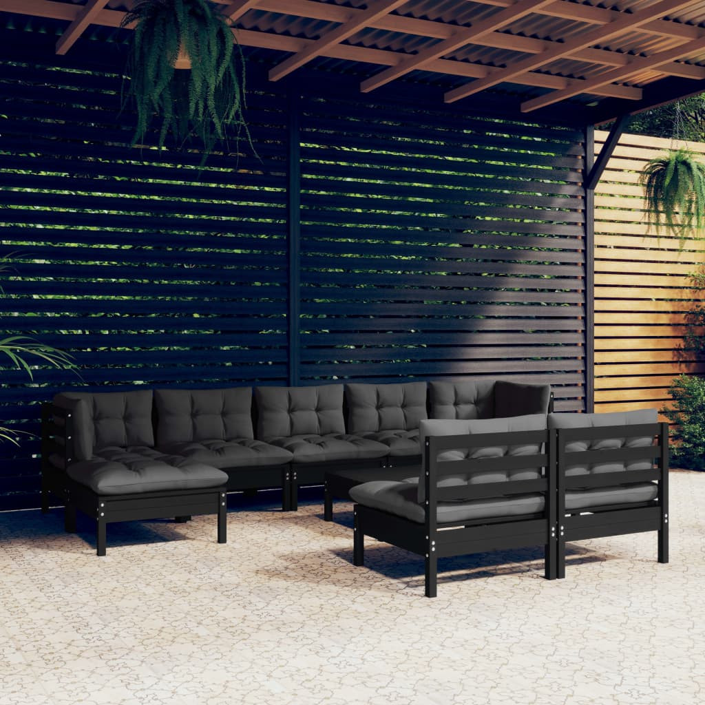 vidaXL 10-tlg. Garten-Lounge-Set mit Kissen Schwarz Kiefernholz