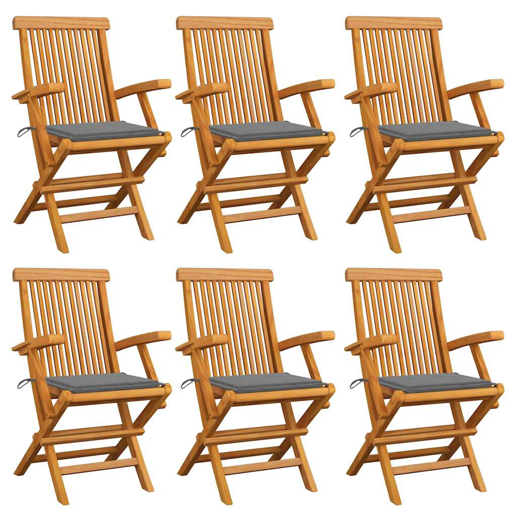 vidaXL Gartenstühle mit Grauen Kissen 6 Stk. Massivholz Teak
