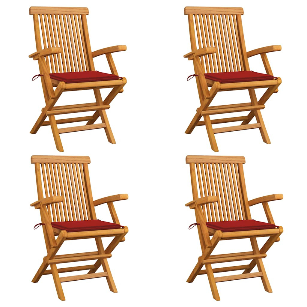 vidaXL Gartenstühle mit Roten Kissen 4 Stk. Massivholz Teak