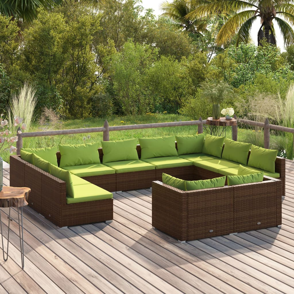 vidaXL 11-tlg. Garten-Lounge-Set mit Kissen Braun Poly Rattan