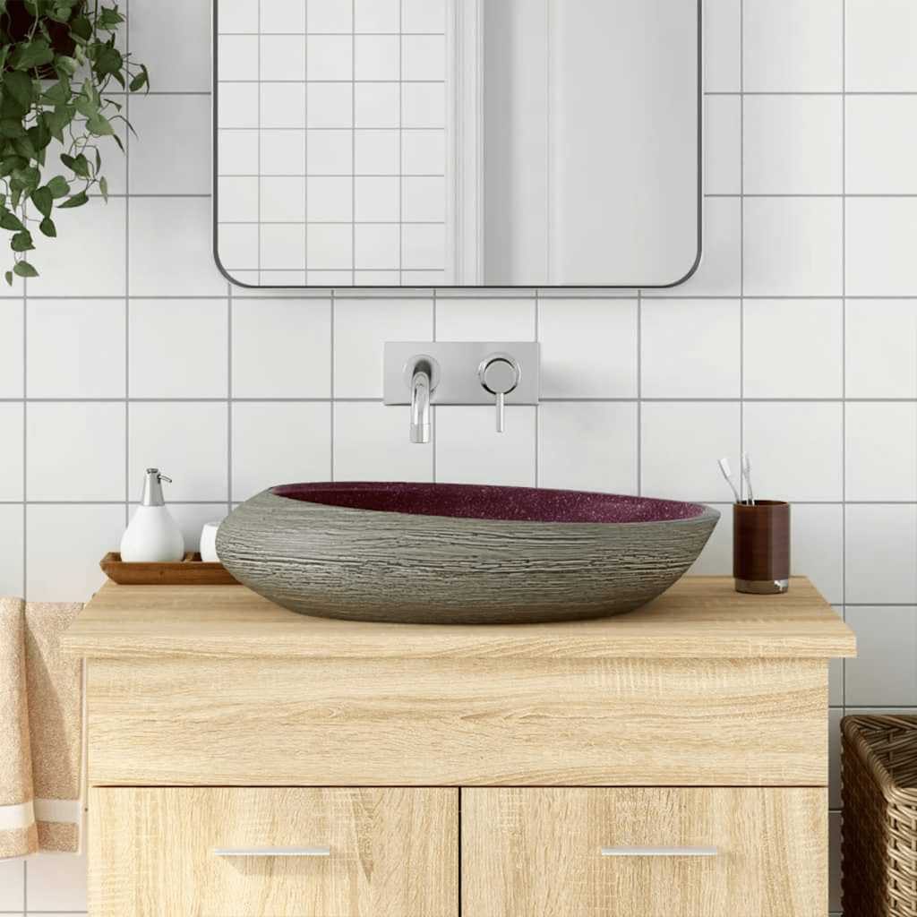 vidaXL Aufsatzwaschbecken Lila und Grau Oval 59x40x14 cm Keramik