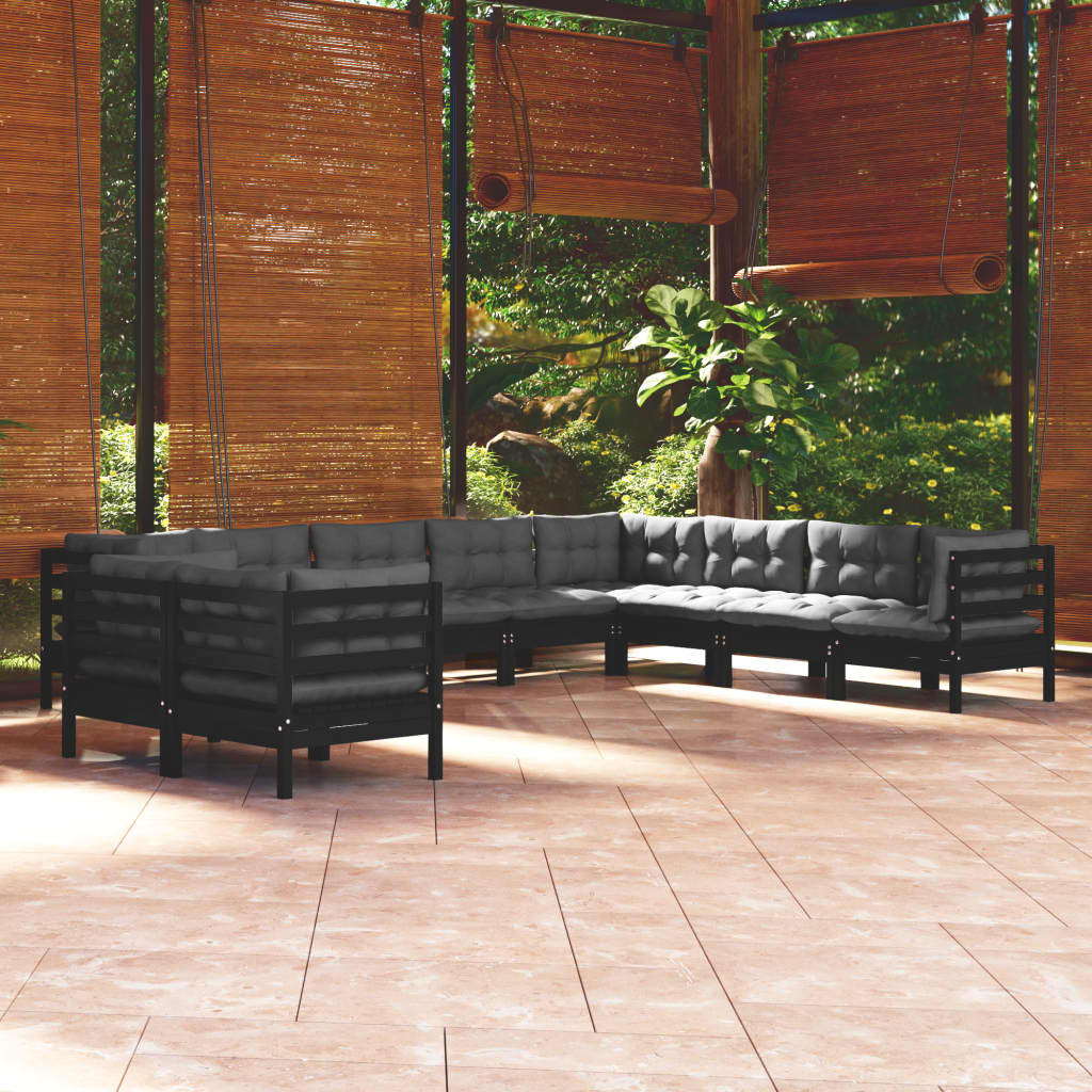 vidaXL 10-tlg. Garten-Lounge-Set mit Kissen Schwarz Massivholz Kiefer