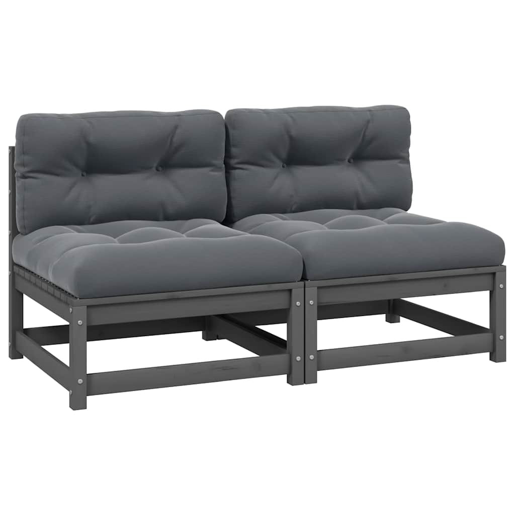 vidaXL Garten-Mittelsofas mit Kissen 2 Stk. Grau Massivholz Kiefer