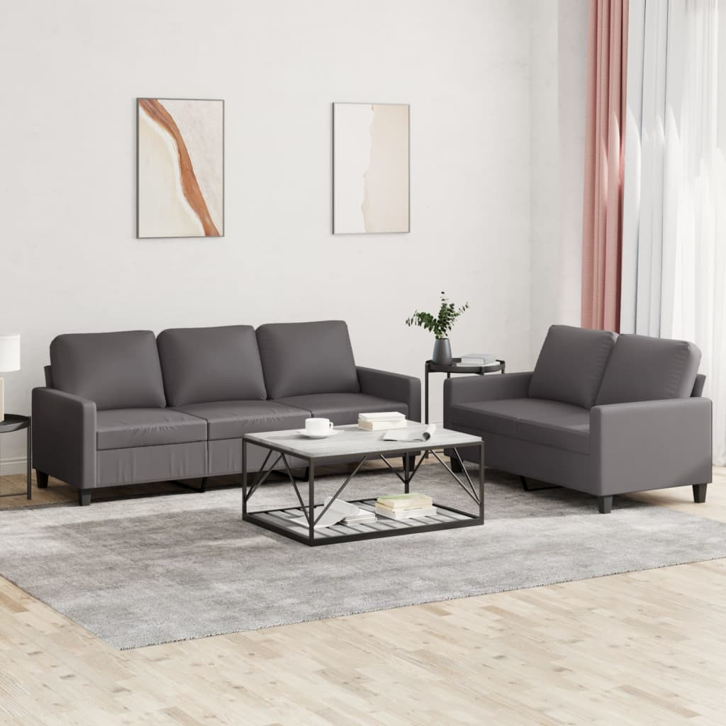 vidaXL 2-tlg. Sofagarnitur mit Kissen Grau Kunstleder