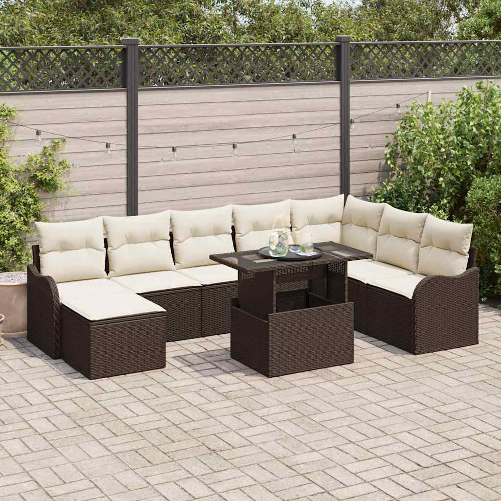 vidaXL Garten-Sofa-Set mit Kissen mit Speicher 9 pcs Braun Poly Rattan