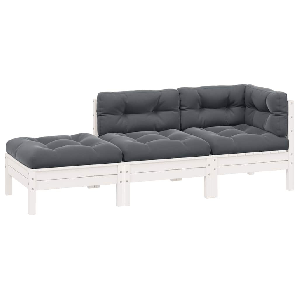 vidaXL 3-tlg. Garten-Lounge-Set mit Kissen Weiß Kiefer Massivholz