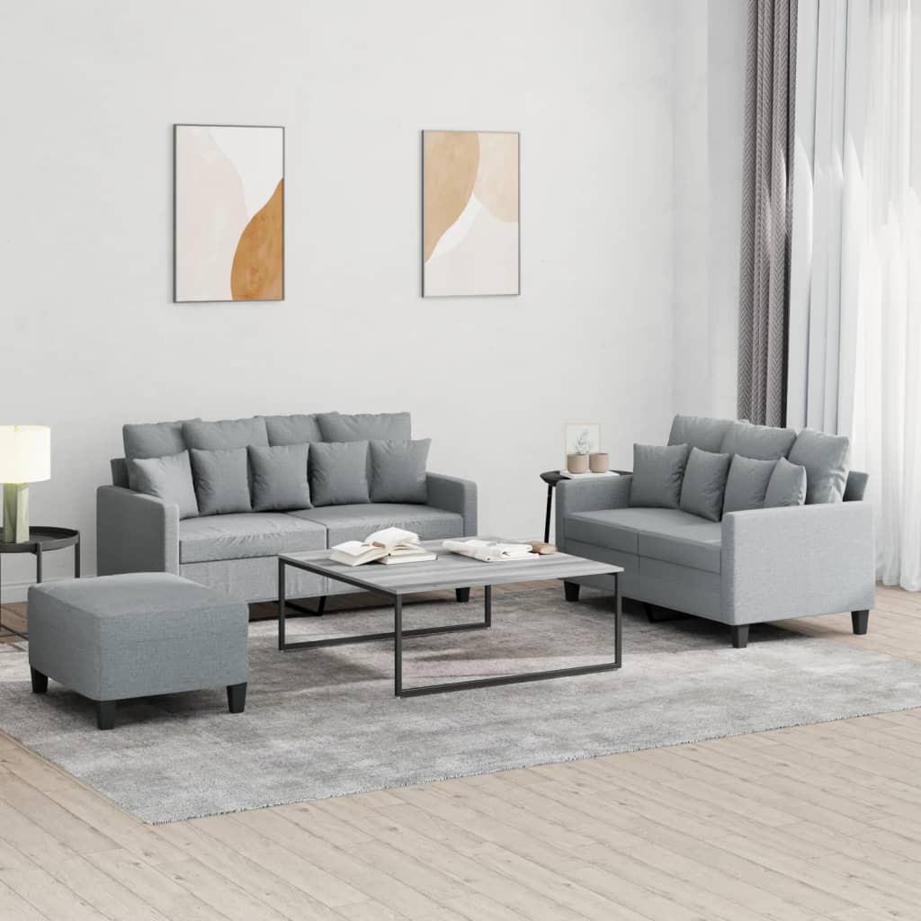 vidaXL 3-tlg. Sofagarnitur mit Kissen Hellgrau Stoff