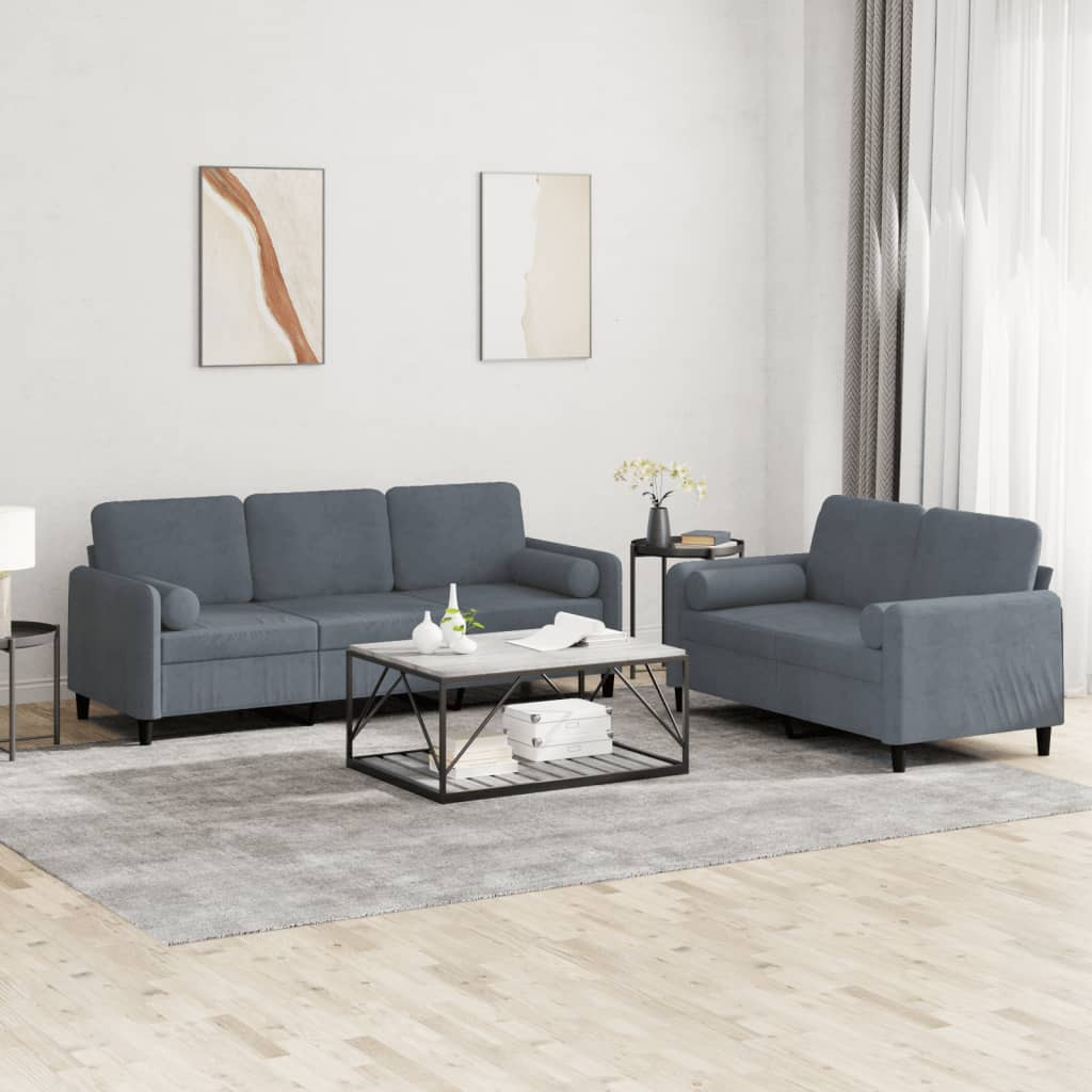 vidaXL 2-tlg. Sofagarnitur mit Kissen Dunkelgrau Samt