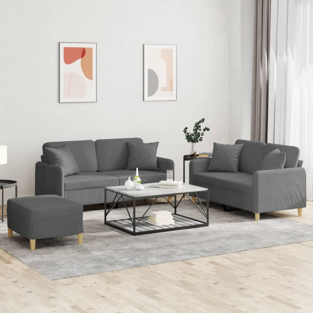 vidaXL 3-tlg. Sofagarnitur mit Kissen Dunkelgrau Stoff
