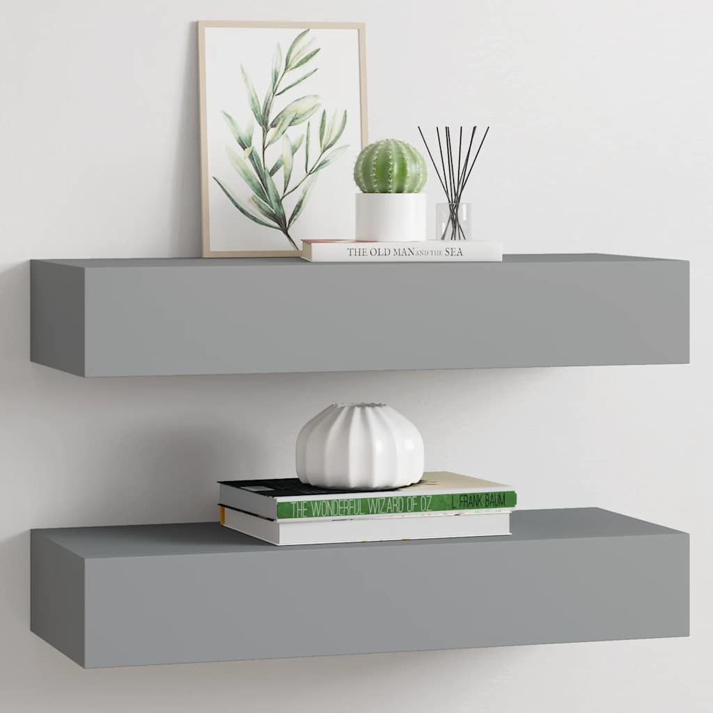 vidaXL Wandregale mit Schubladen 2 Stk. Grau 60x23,5x10 cm MDF