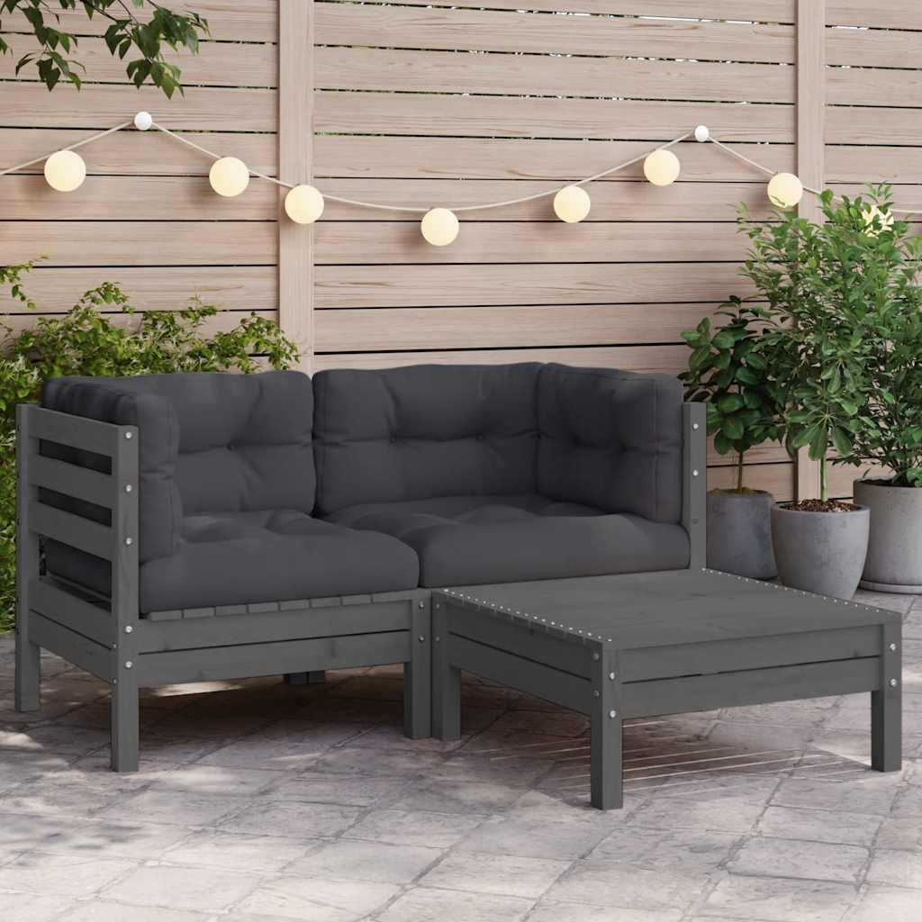 vidaXL 3-tlg. Garten-Lounge-Set mit Kissen Grau Kiefer Massivholz