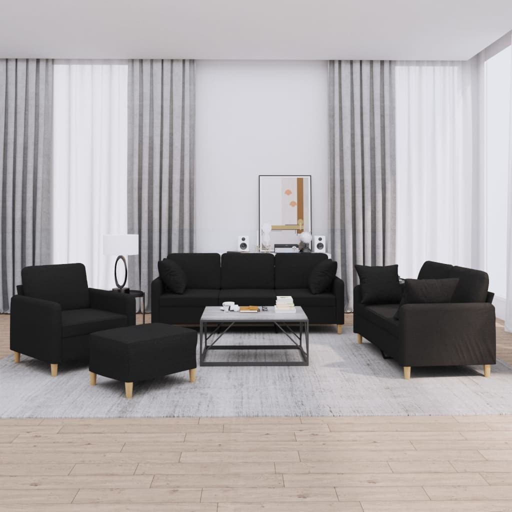 vidaXL 4-tlg. Sofagarnitur mit Kissen Schwarz Stoff
