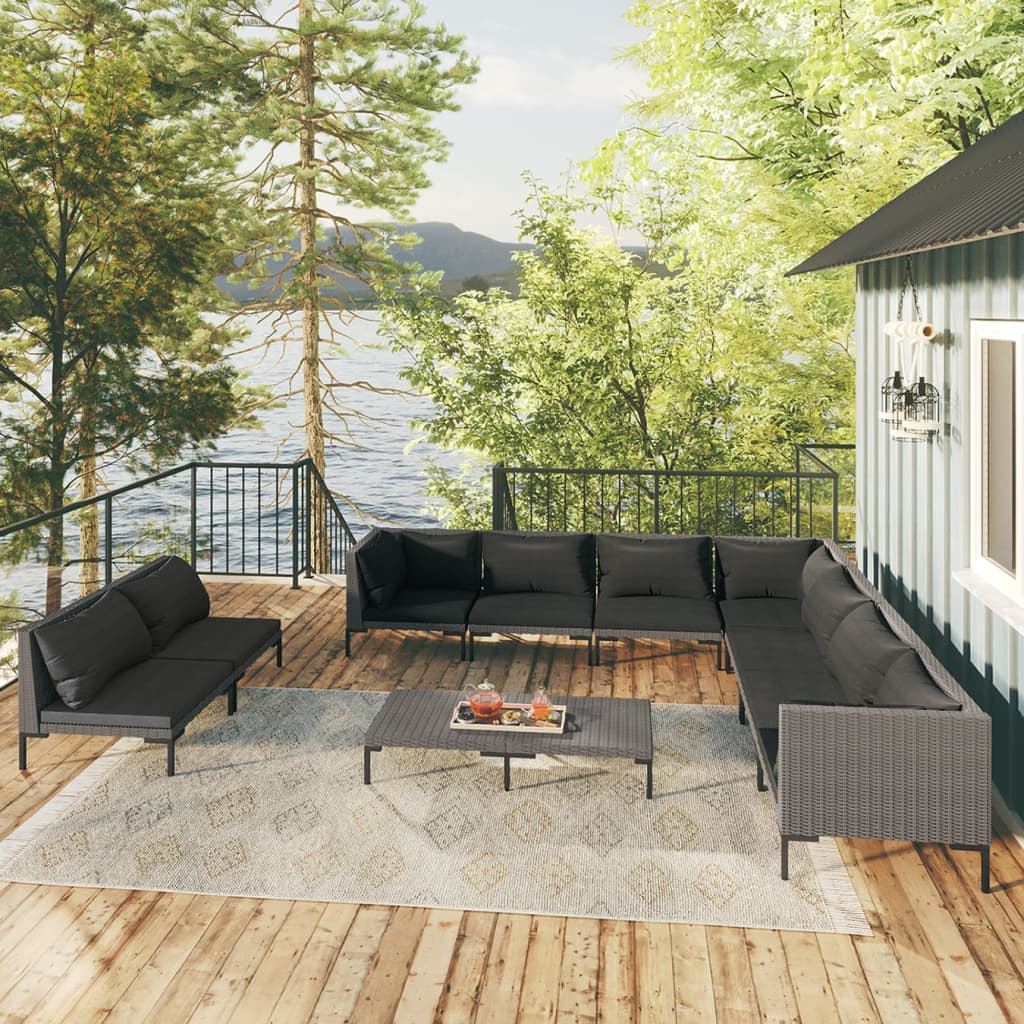 vidaXL 10-tlg. Garten-Lounge-Set mit Kissen Poly Rattan Dunkelgrau