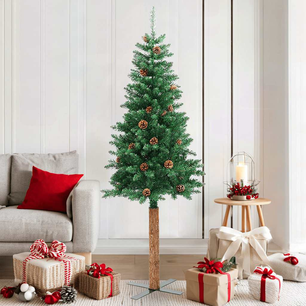 vidaXL Weihnachtsbaum Schlank mit Echtholz und Zapfen Grün 180 cm PVC