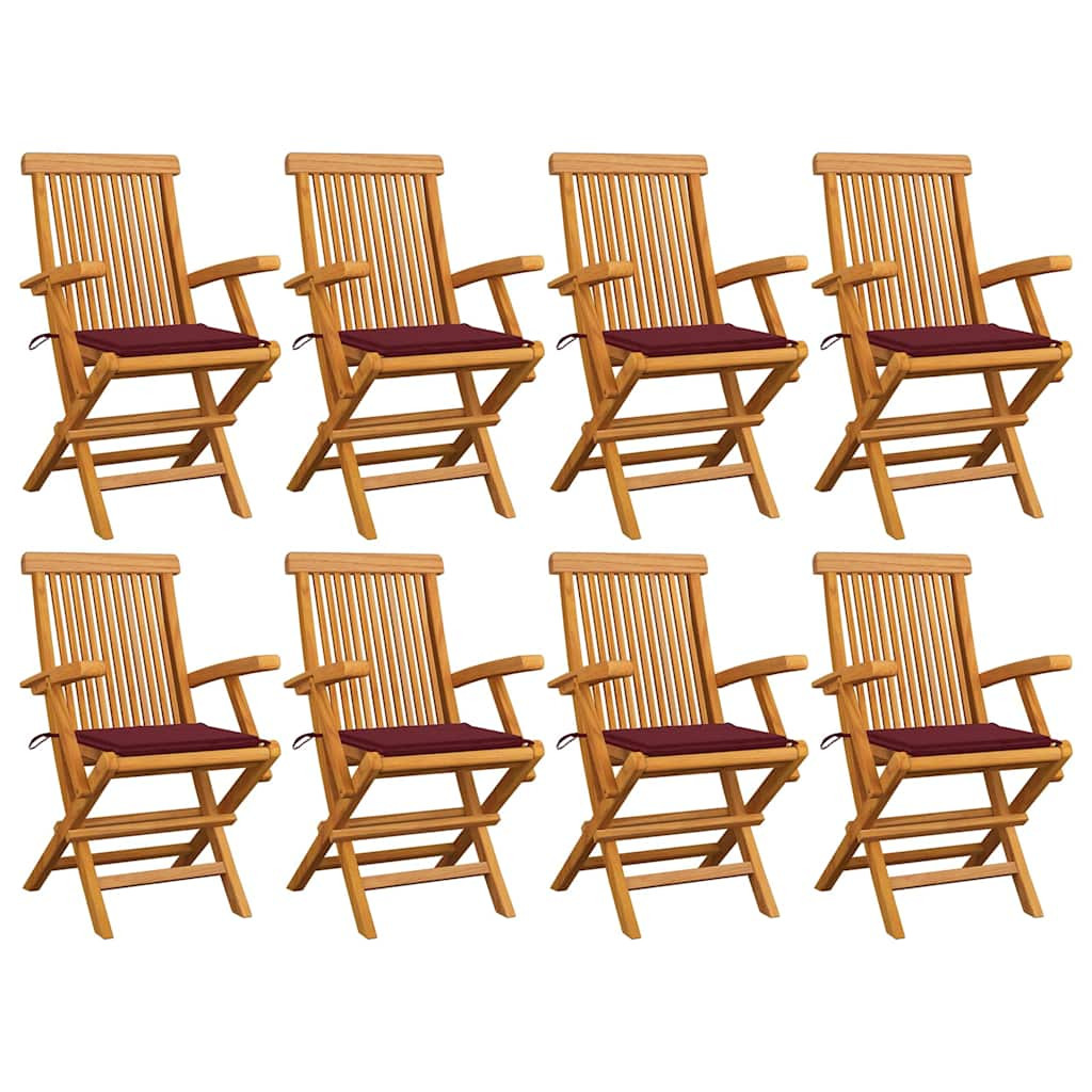 vidaXL Gartenstühle mit Weinroten Kissen 8 Stk. Massivholz Teak